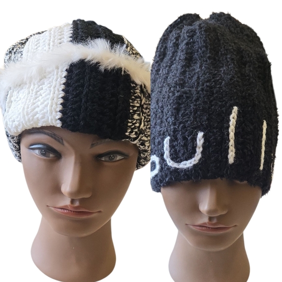 Handmade Accessories - "Cruella de Vil" Ribbed Beanie w/Fur & "Bully" Crochet Beanie, Adult, Handmade